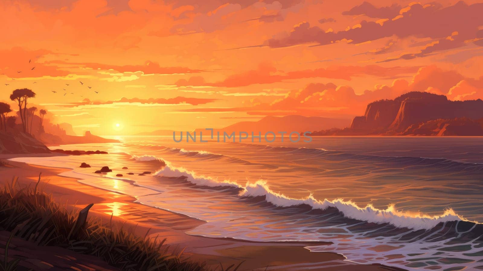 Golden hour watercolor illustration - AI generated. Ocean, wave, beach, palm, sunset.