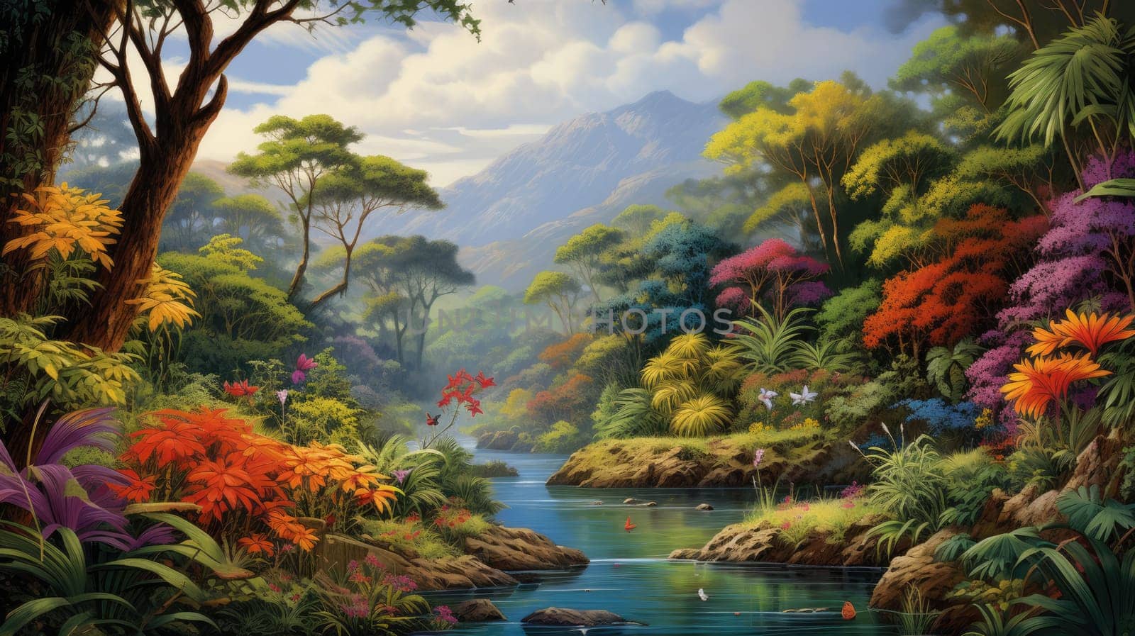 Lush tropical rainforest watercolor illustration - AI generated. Rainforest, river, waterfall, tree, mountain.