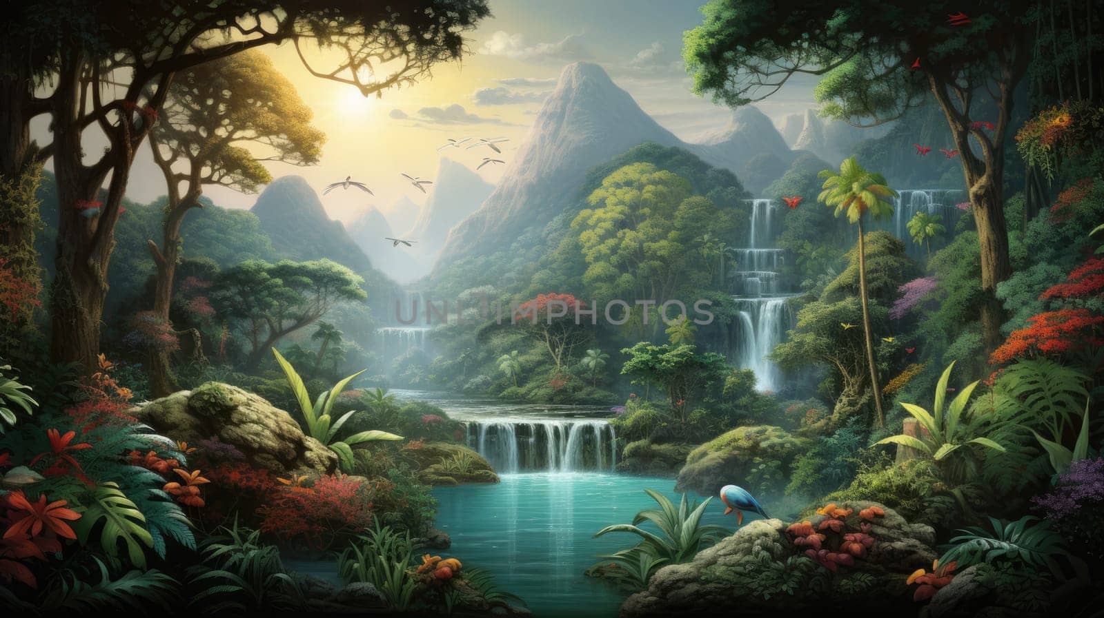 Lush tropical rainforest watercolor illustration - AI generated. Rainforest, river, waterfall, tree, mountain.