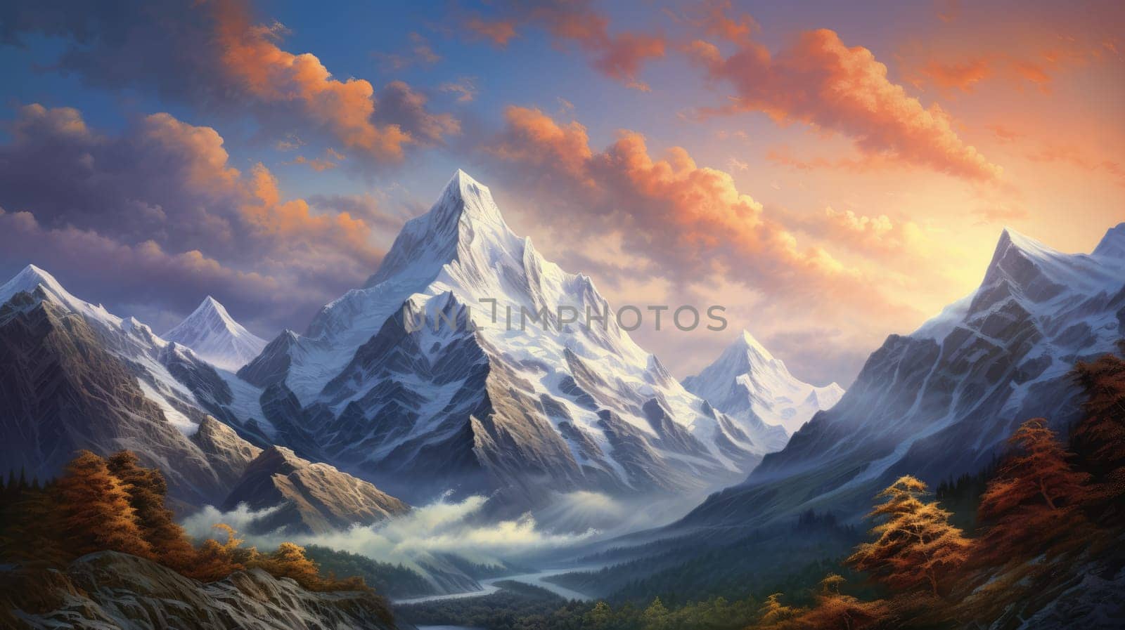 Majestic mountain peaks watercolor illustration - AI generated. Mountain, peak, snow, tree, sky.