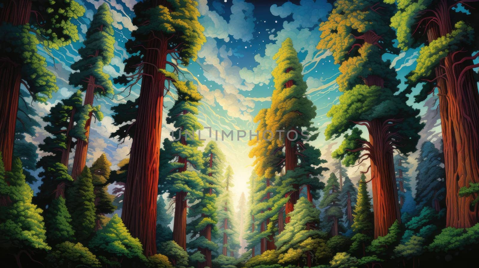 Majestic redwood forest watercolor illustration - AI generated. Forest, pines, tall, blue, sky.