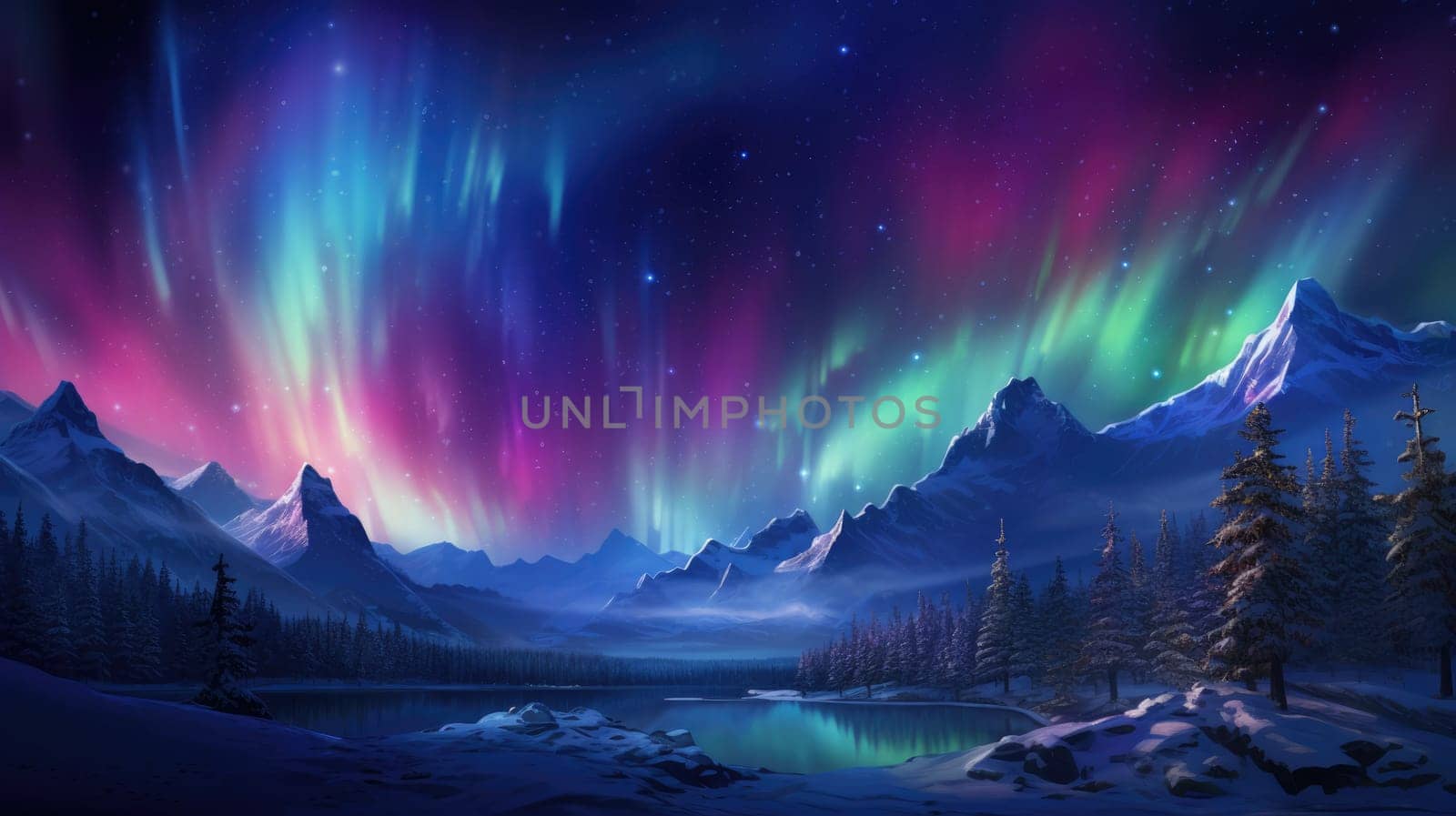 Mystical northern lights watercolor illustration - AI generated. Northern, lights, colorful, sky, mountain.