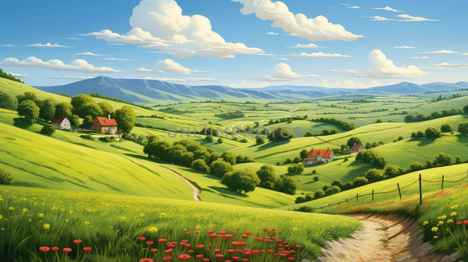 Rolling countryside hills watercolor illustration - AI generated. Green, hills, houses, mountain.
