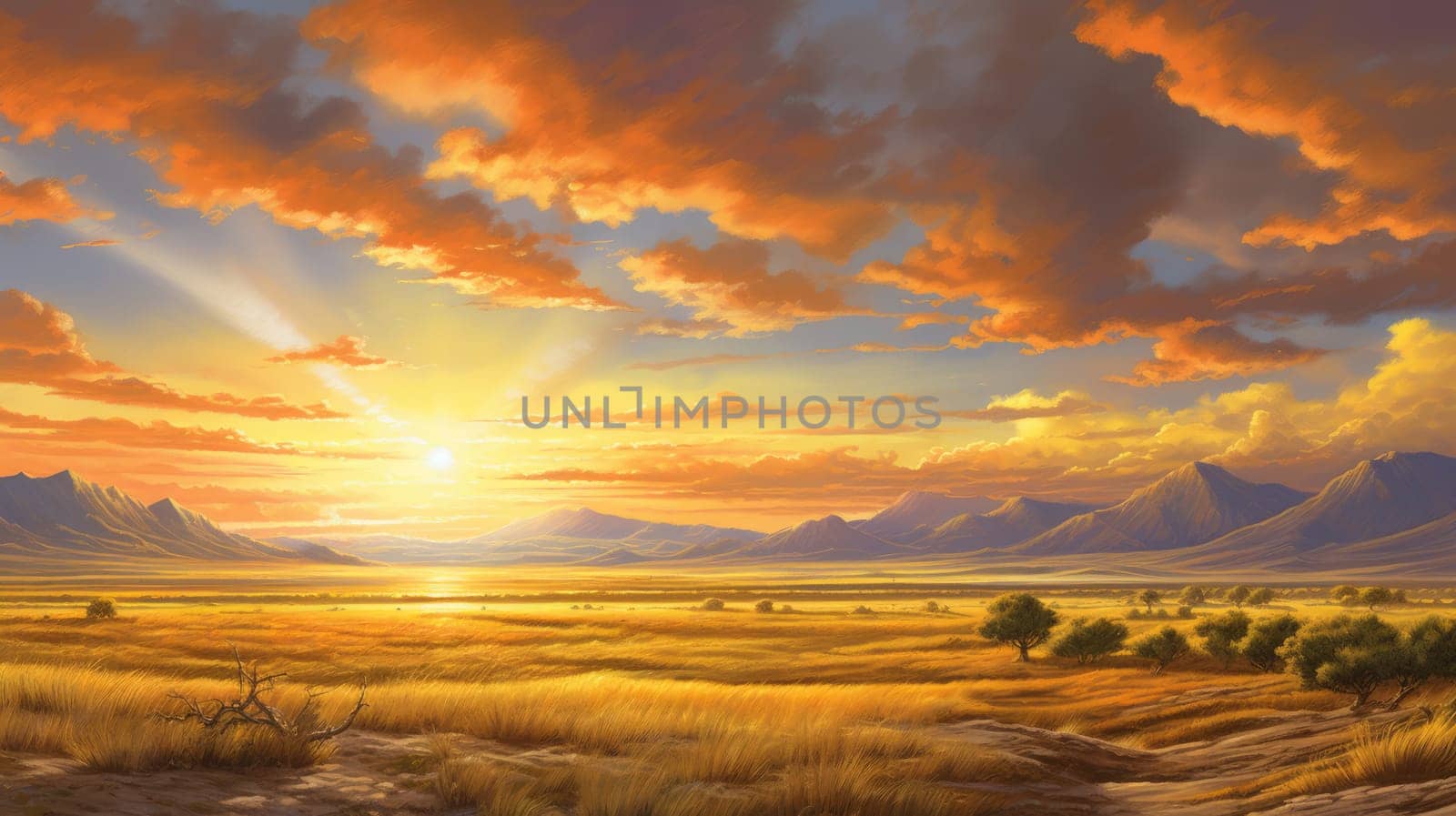 Sunrise over rolling plains watercolor illustration - AI generated. Sunrise, plain, cloud, sky, mountain.