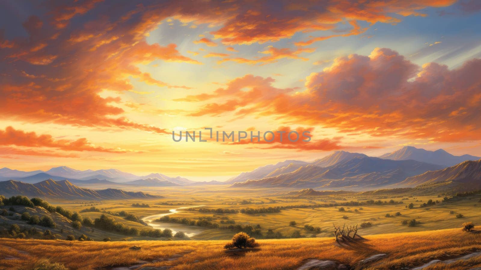 Sunrise over rolling plains watercolor illustration - AI generated. Sunrise, plain, cloud, sky, mountain.