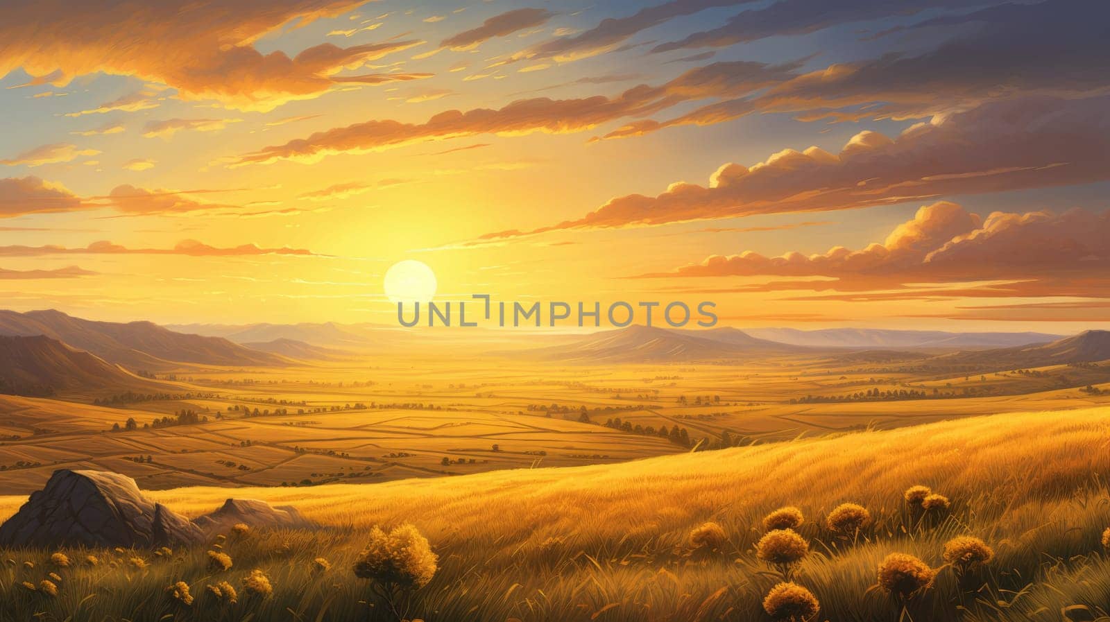 Sunrise over rolling plains watercolor illustration - AI generated. Sunrise, plain, cloud, sky, mountain.