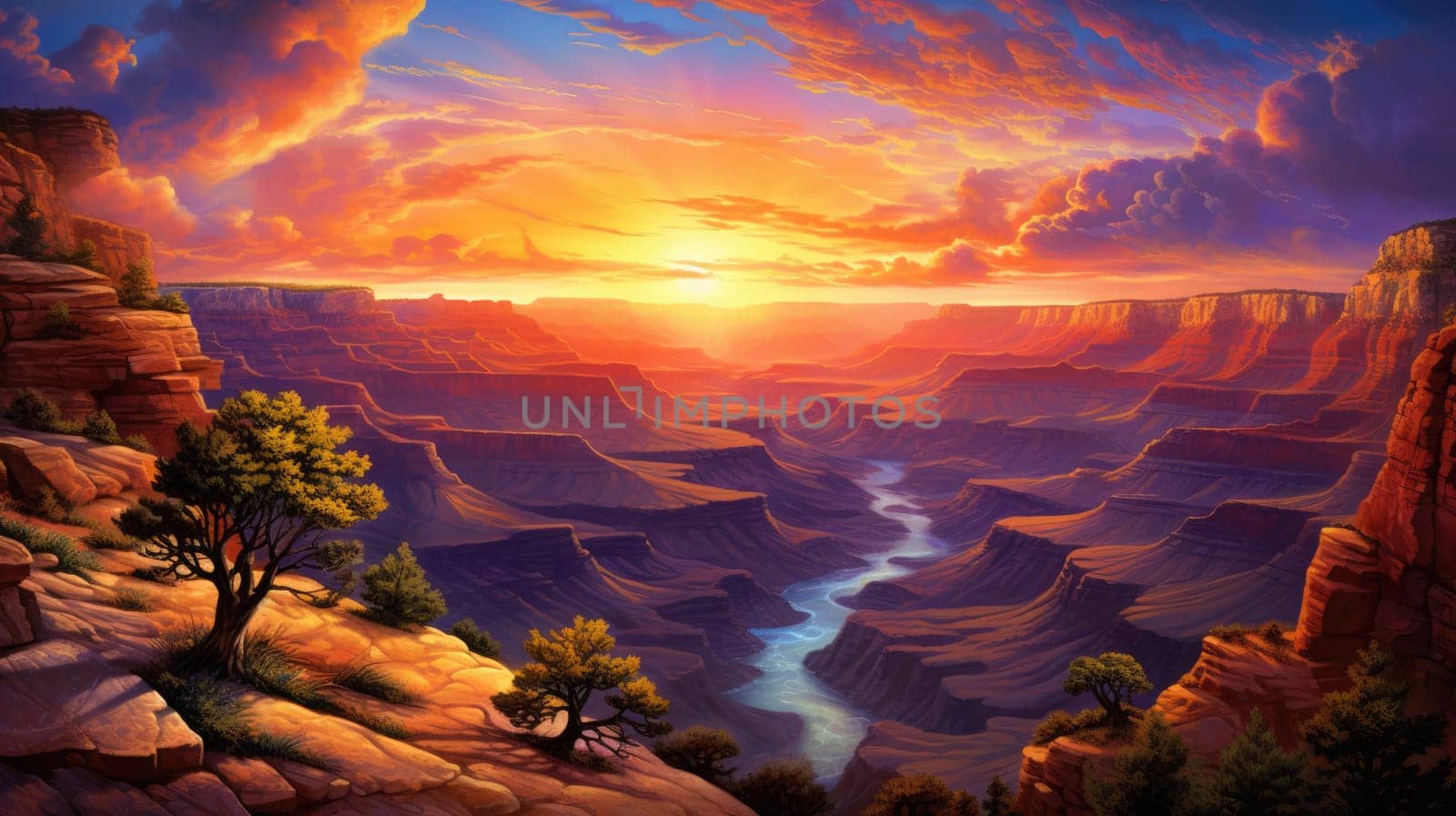 Sunrise over the canyon watercolor illustration - AI generated. Red, sunset, cloud, canyon, rock.