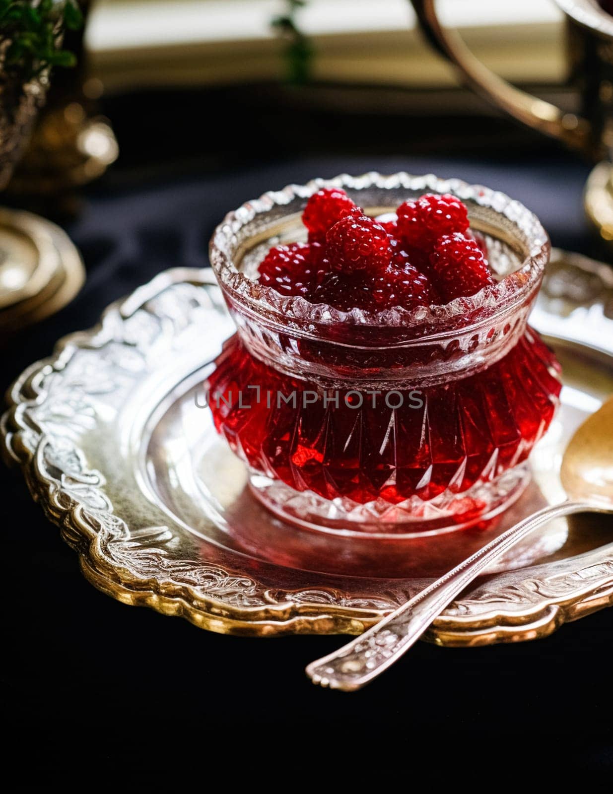 Raspberry jam and raspberries in a crystal bowl, country food and English recipe idea for menu, food blog and cookbook by Anneleven