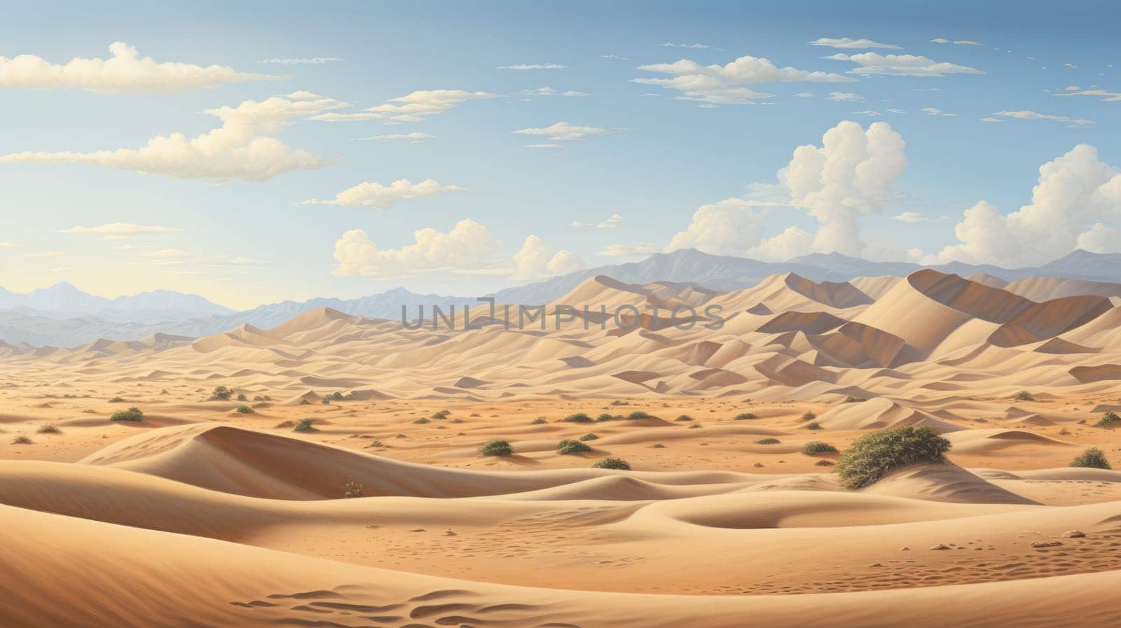 Vast desert dunescape watercolor illustration - AI generated. Desert, sand, mountain, cloud.