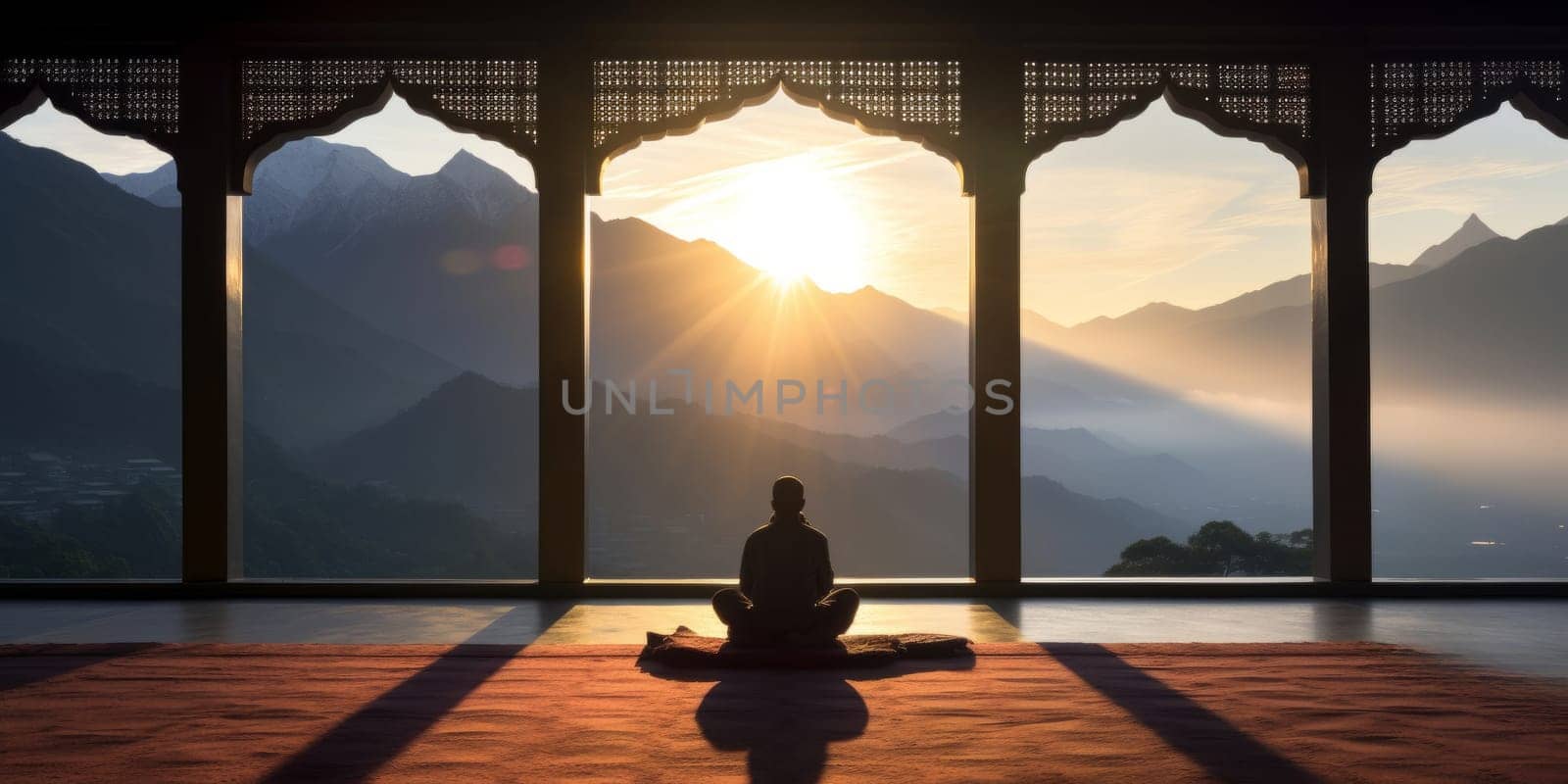Man meditating on mosque terrace during sunset