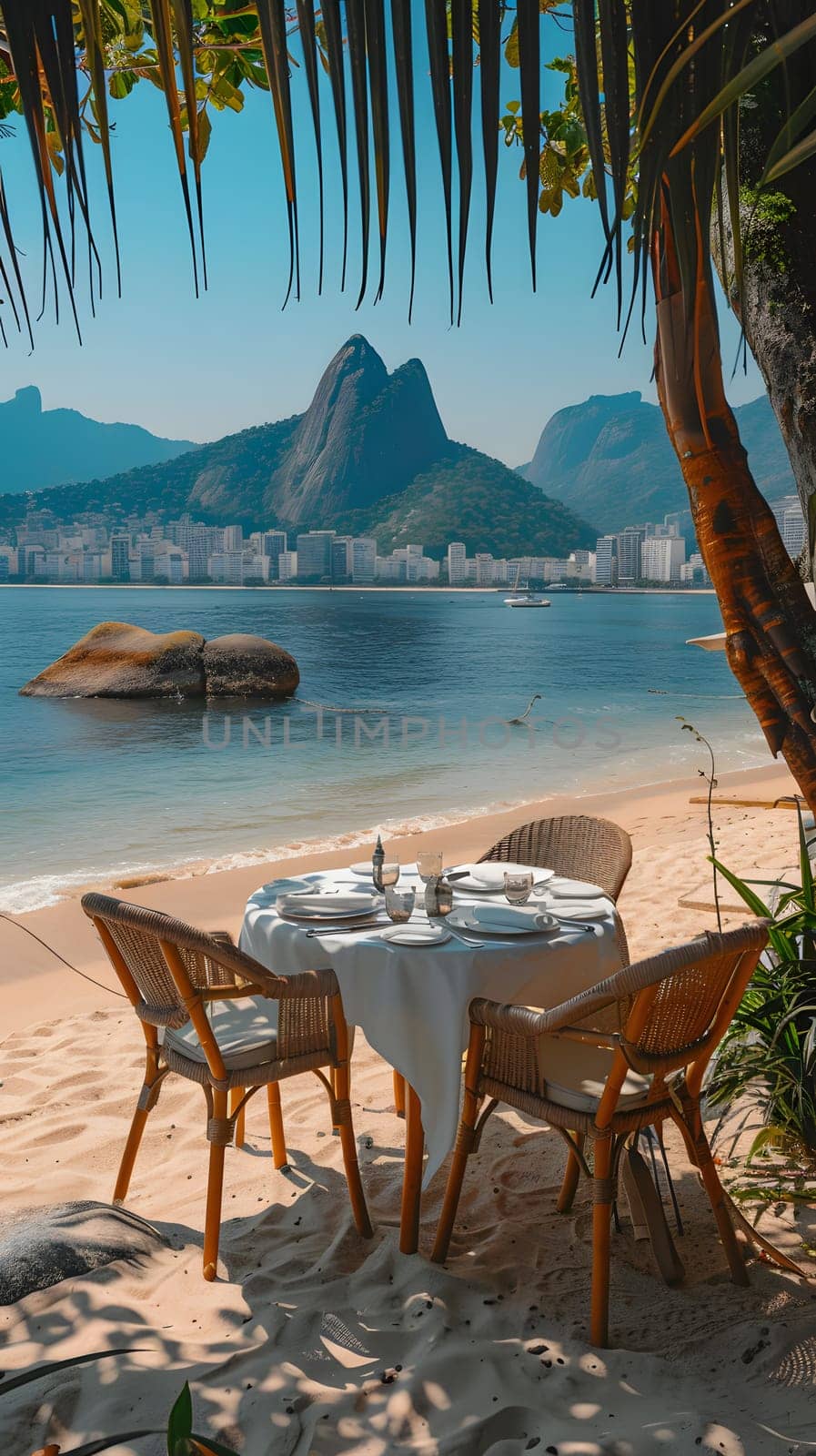 Enjoy the stunning natural landscape of a beach with azure water, mountains in the background, and a table and chairs surrounded by trees and plants, perfect for outdoor furniture travel experiences