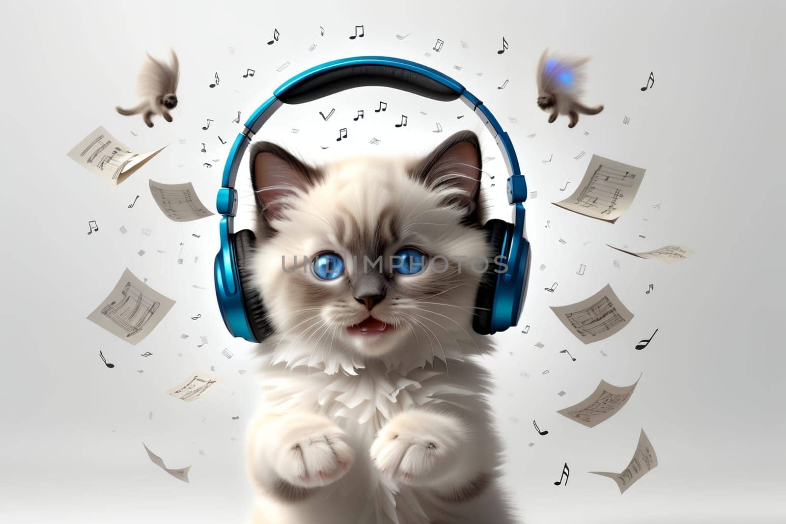cute cat wearing headphones listening to music .