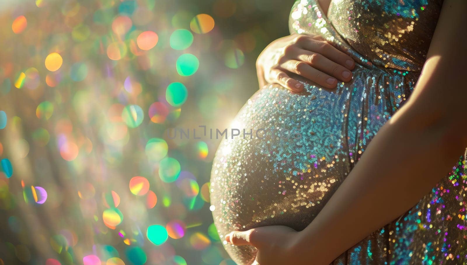 Pregnant woman in sparkling dress with colorful bokeh background