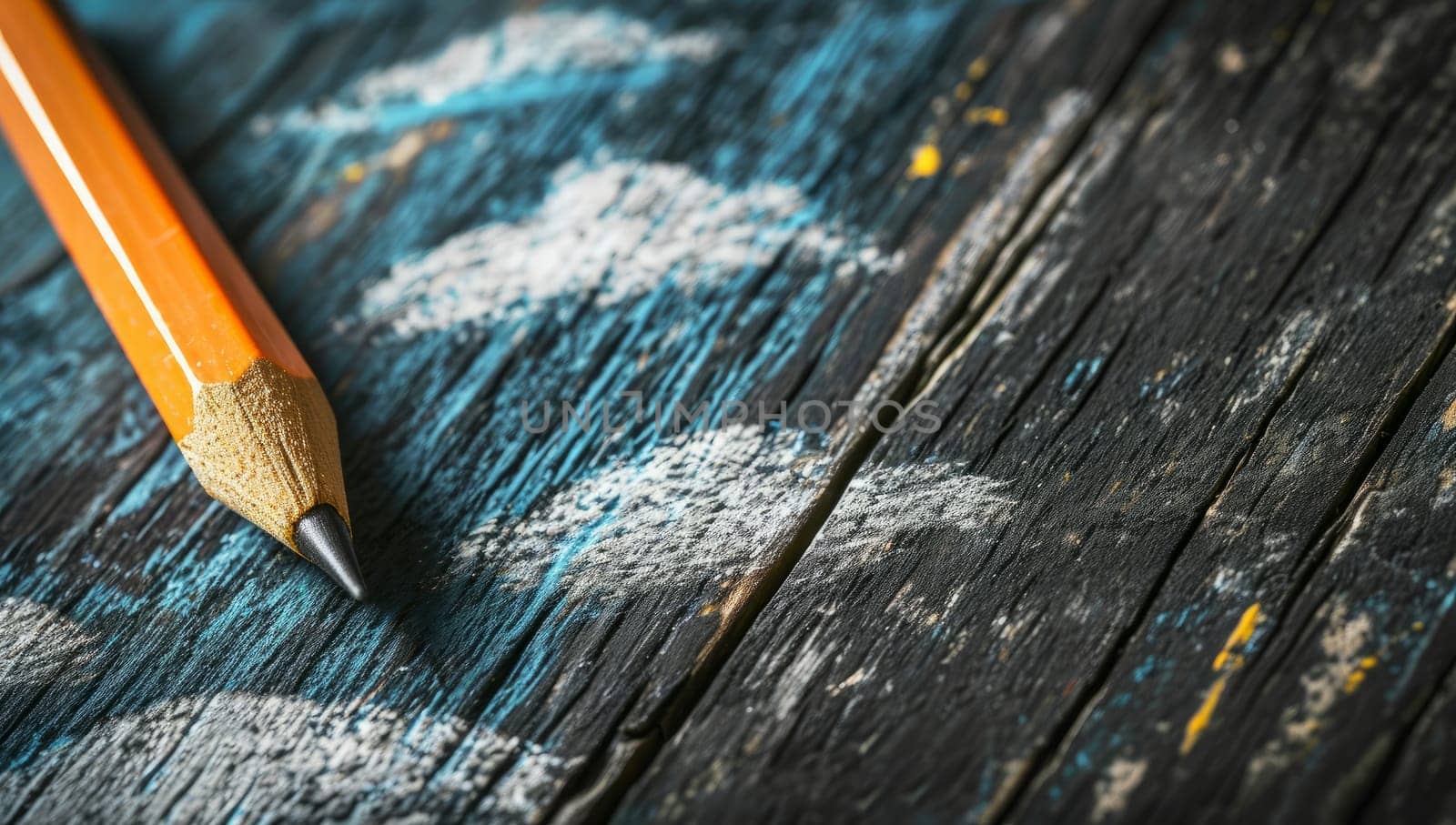 Sharp pencil on textured wooden table with blue paint strokes