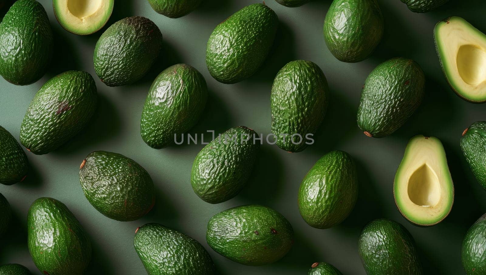 Avocado pattern on a green background. Top view. Flat lay.