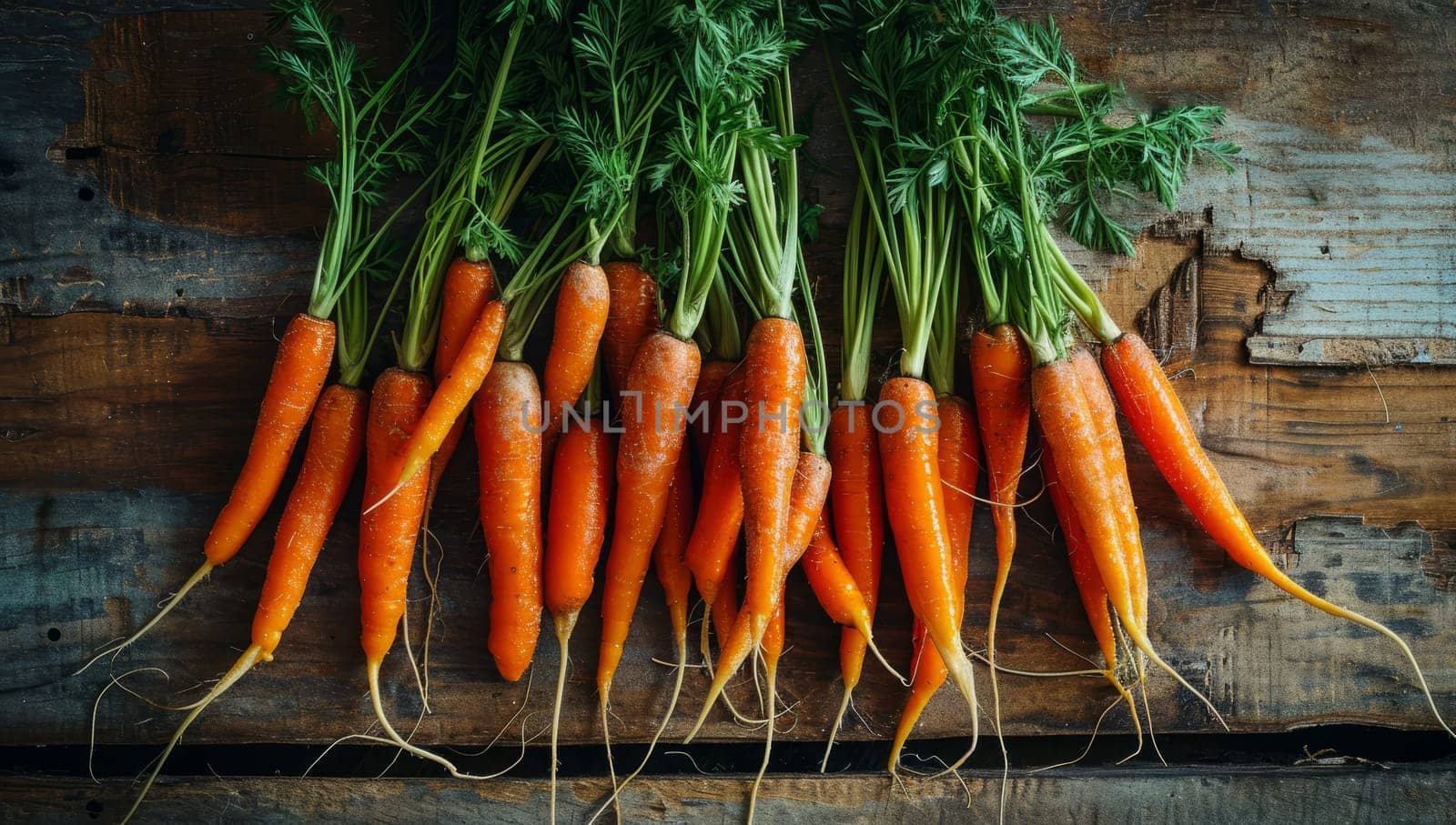 Fresh carrots with green tops on wooden background