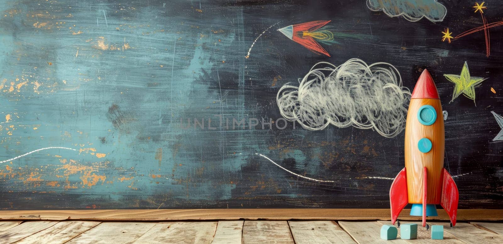 Space rocket against blackboard with chalk on wooden planks and copy space