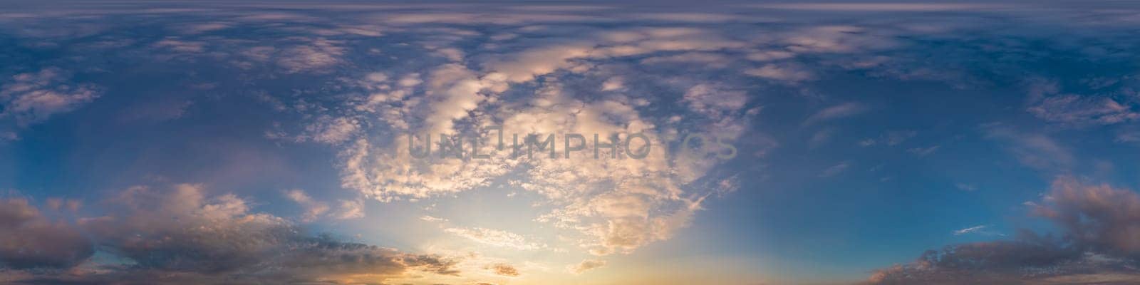 Bright sunset sky panorama with glowing red pink Cumulus clouds. HDR 360 seamless spherical panorama. Sky dome or zenith in 3D, sky replacement for aerial drone panoramas. Climate and weather change. by panophotograph