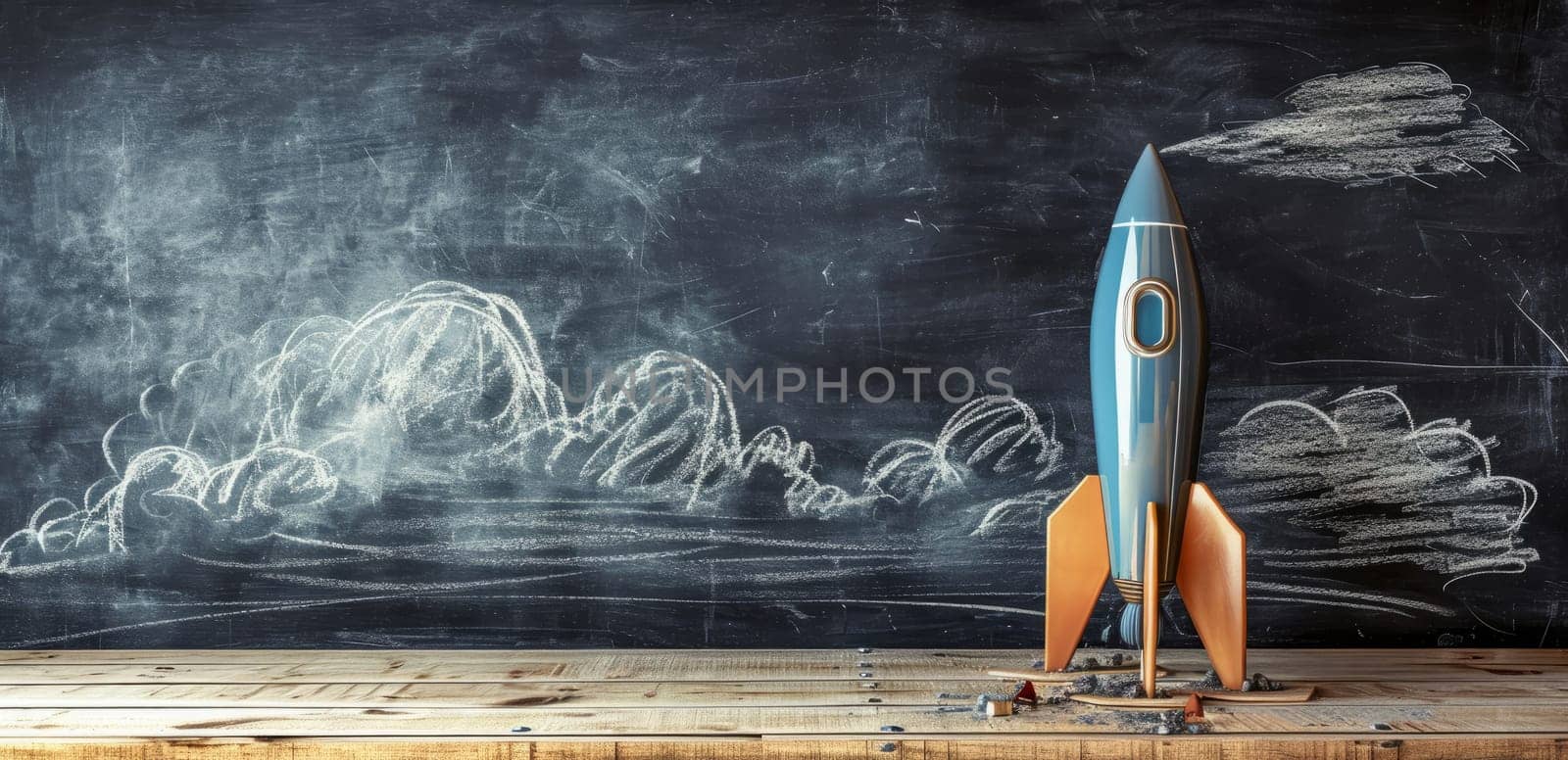Rocket ship model on wooden table against chalkboard with cloud drawings