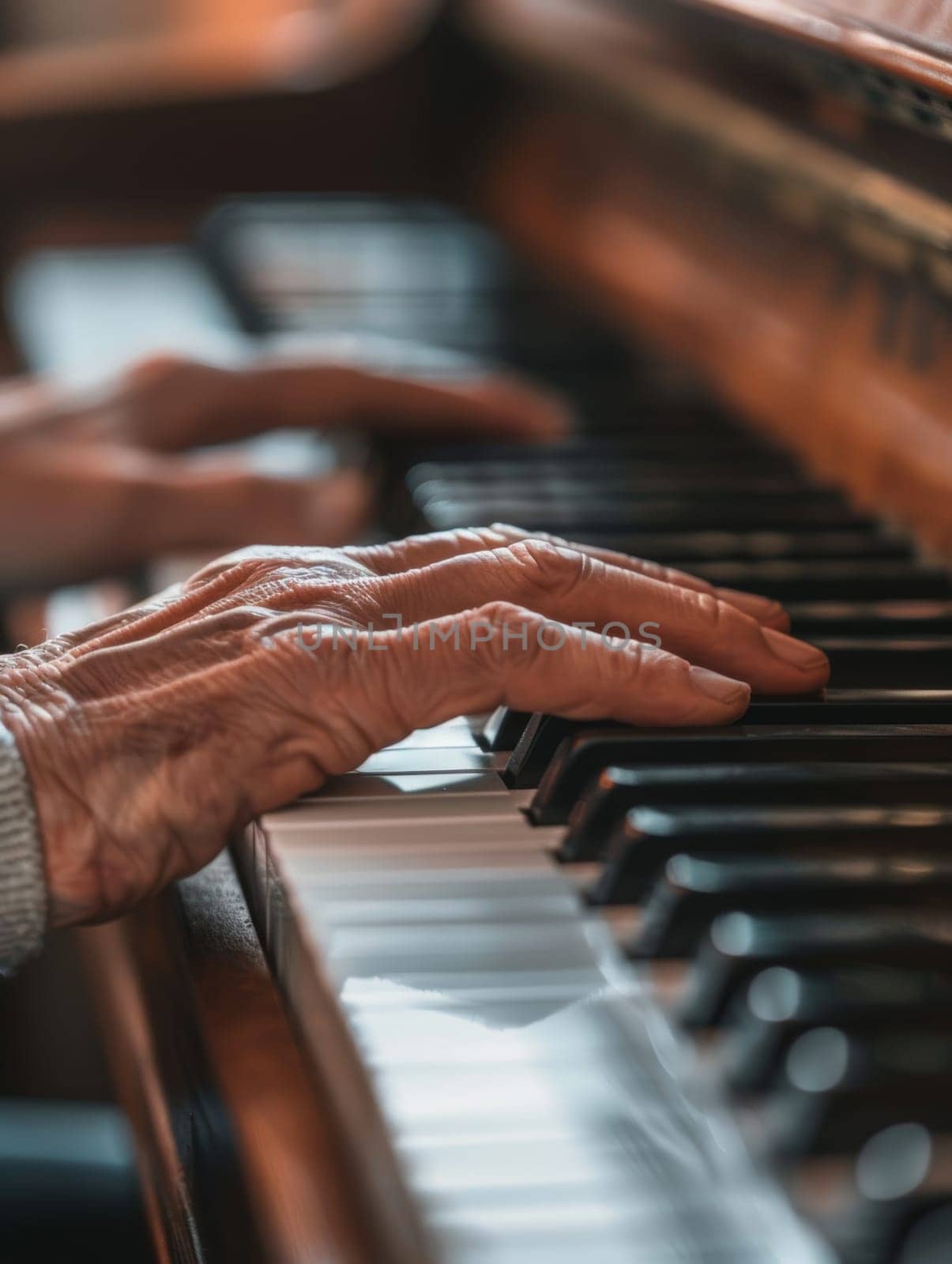 A close-up of an experienced hand gracefully playing the piano, with soft lighting enhancing the warm ambience of the music-filled room. The bokeh effect in the background adds to intimate concert