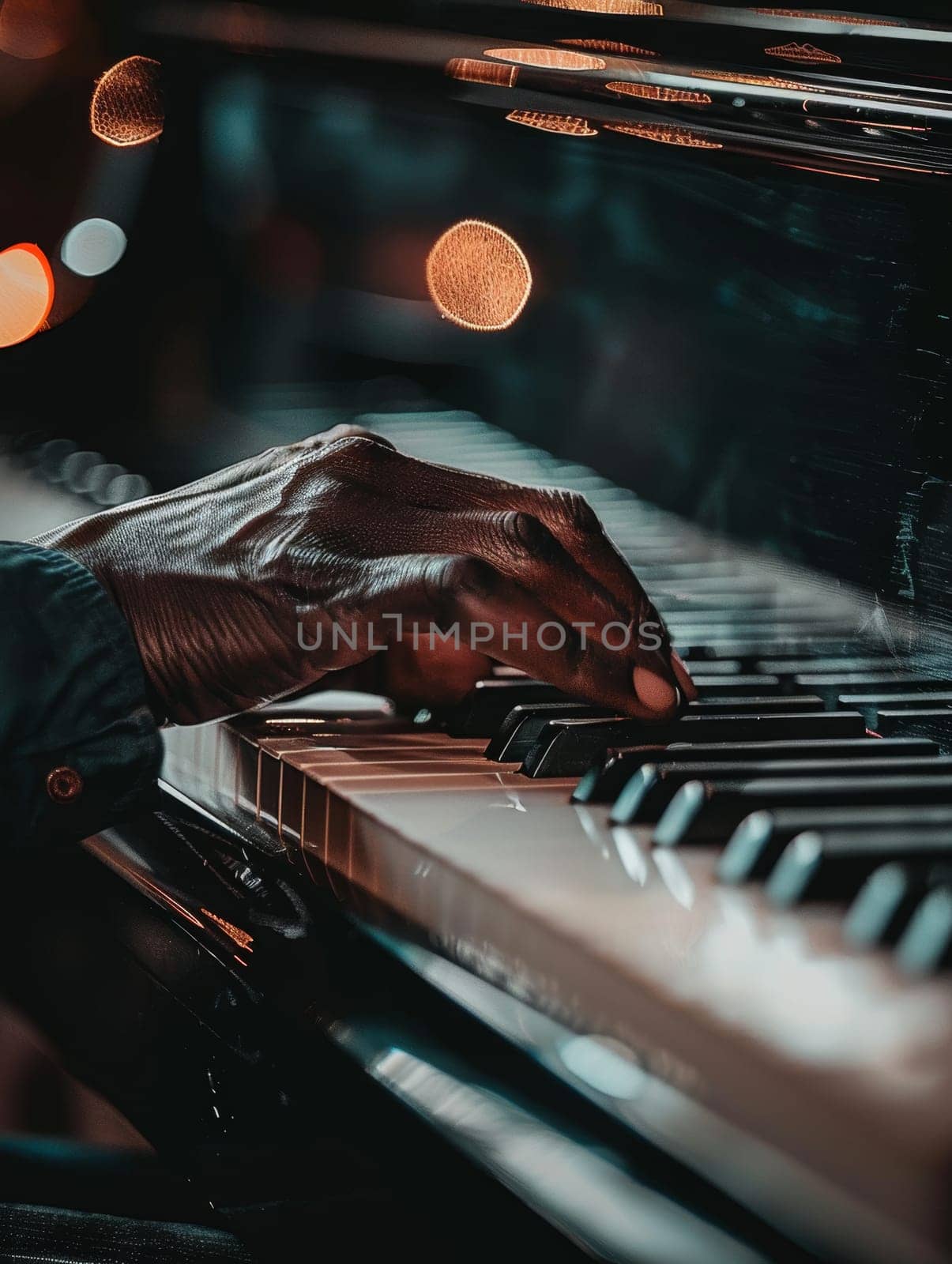 A musician's hands gracefully play the piano keys, illuminated by ambient stage lighting. The dramatic lighting emphasizes the emotion involved in the performance. by sfinks