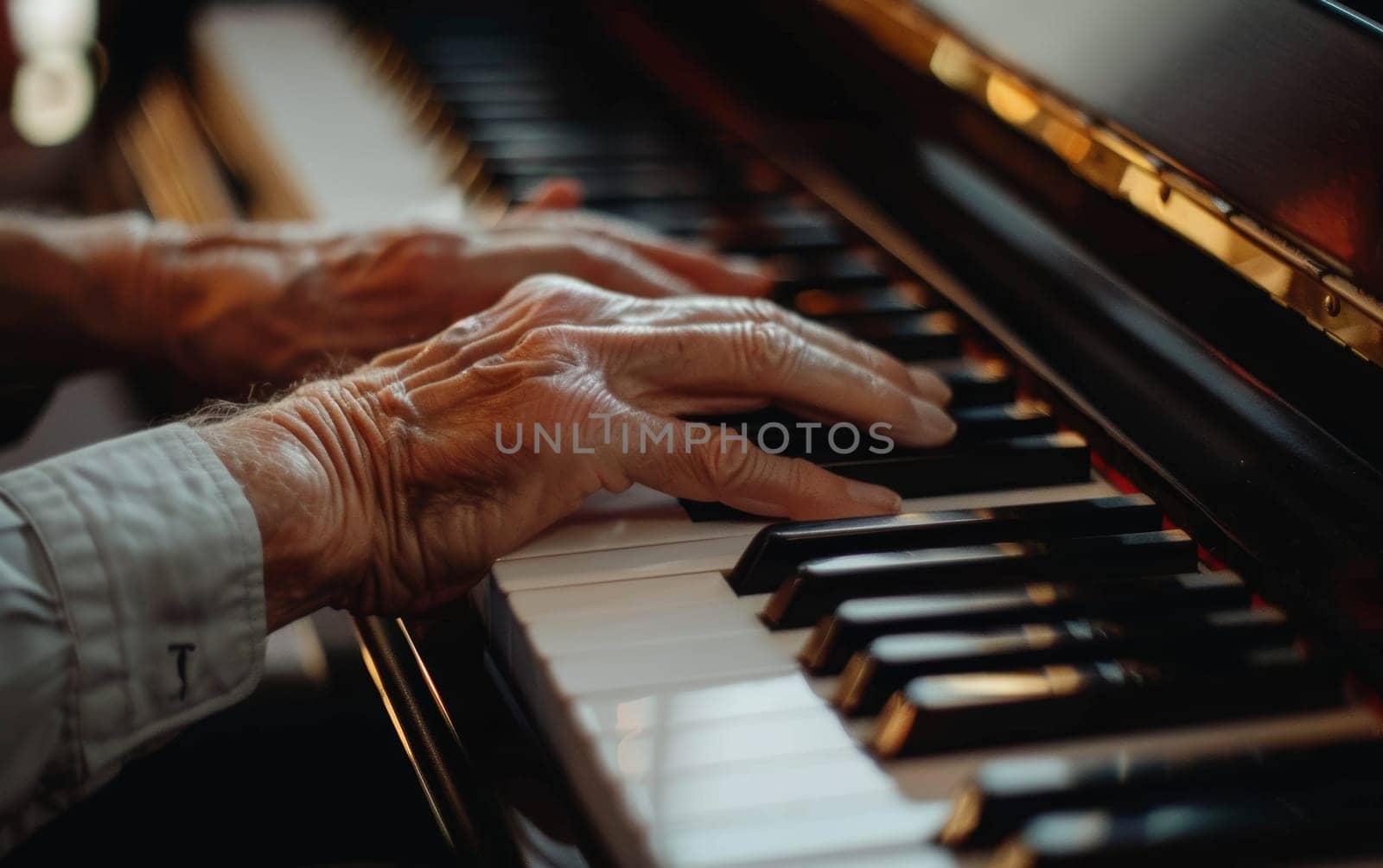 A close-up of an experienced hand gracefully playing the piano, with soft lighting enhancing the warm ambience of the music-filled room. The bokeh effect in the background adds to intimate concert