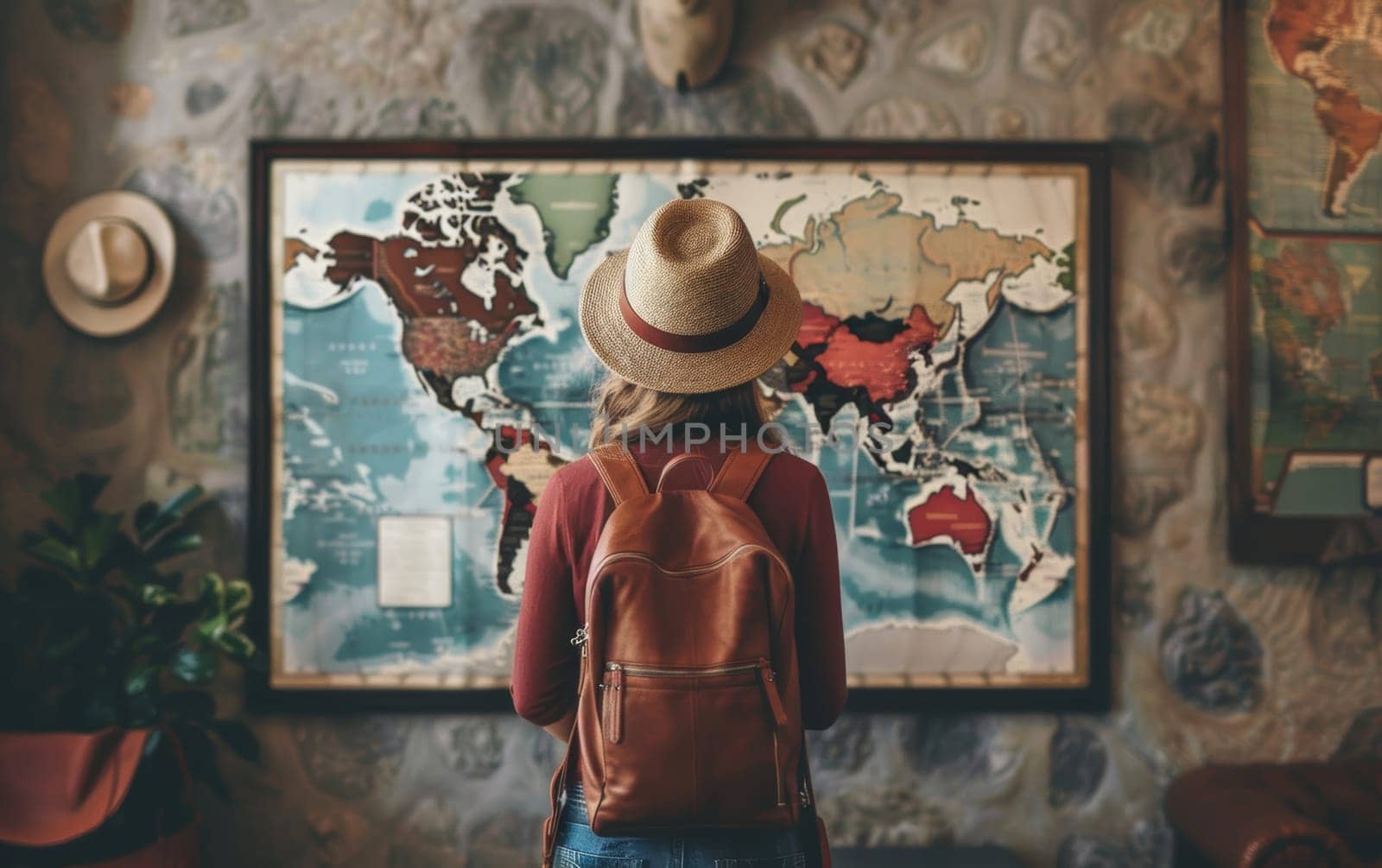 A traveler in a straw hat is engrossed in studying a colorful wall map, contemplating her next destination. The map invites a sense of wonder and exploration. by sfinks