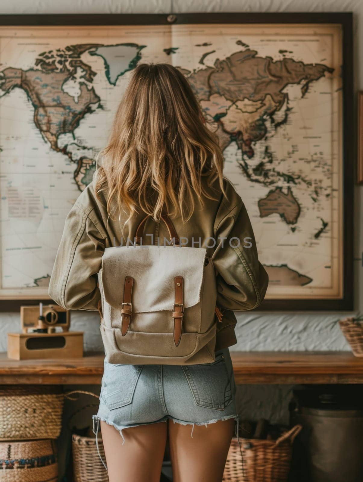 A young woman stands before a large world map, her back facing the camera. She appears absorbed in thought, possibly planning her next adventure. by sfinks