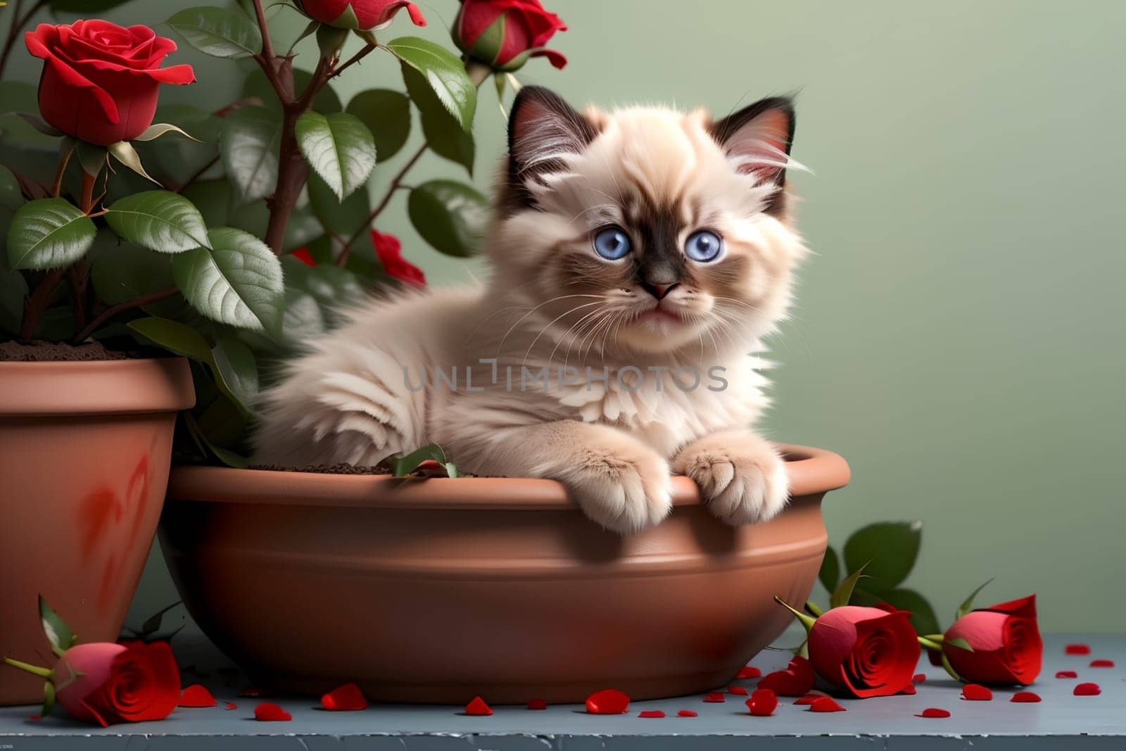 beautiful Ragdoll kitten sitting in a pot of roses .