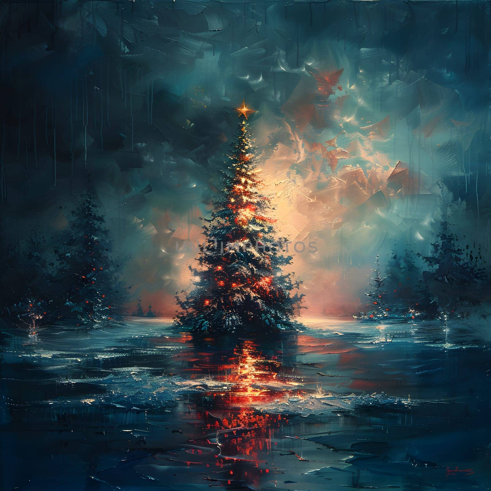 An art piece depicting a Christmas tree standing in the middle of a lake surrounded by a natural landscape. The evergreen tree reflects on the water, under a colorful sky
