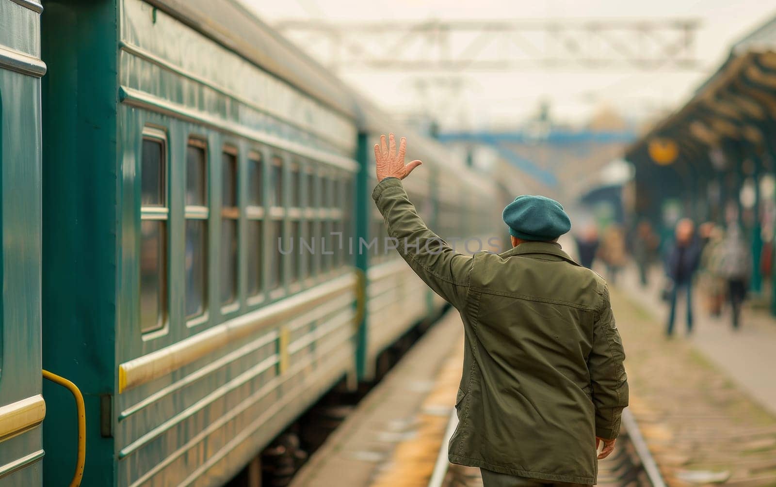 A man in a winter coat and beret waves goodbye to a train. The station bustles with activity as passengers come and go. by sfinks