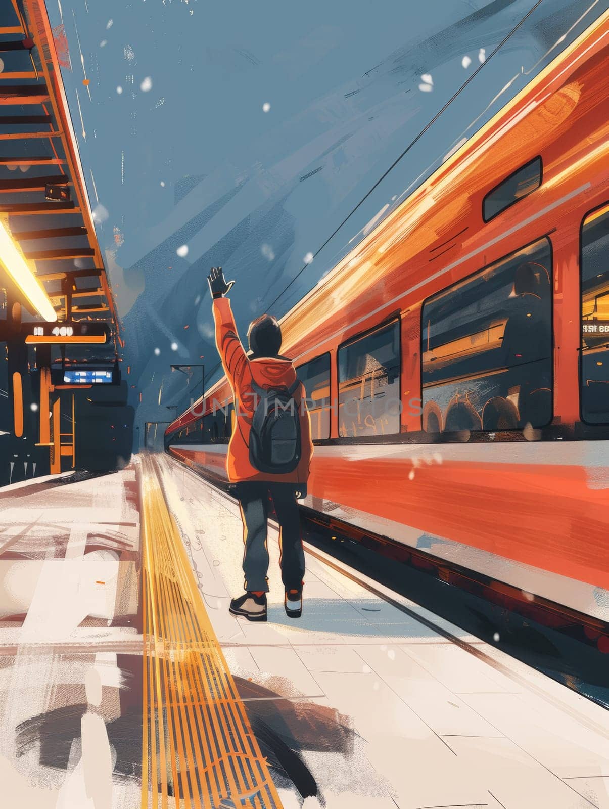 A stylized illustration shows a person waving to a colorful train. The dynamic scene captures the energy of an urban commute