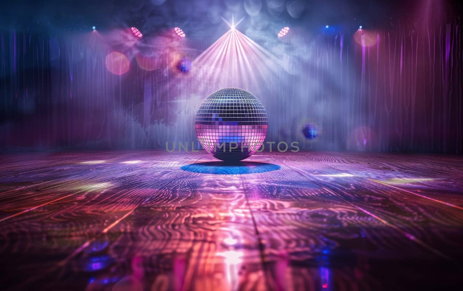 A classic disco ball radiates a warm neon glow, creating an ambiance of retro nostalgia on the dance floor. The reflective facets cast soft red lights, setting the mood for a night of dancing