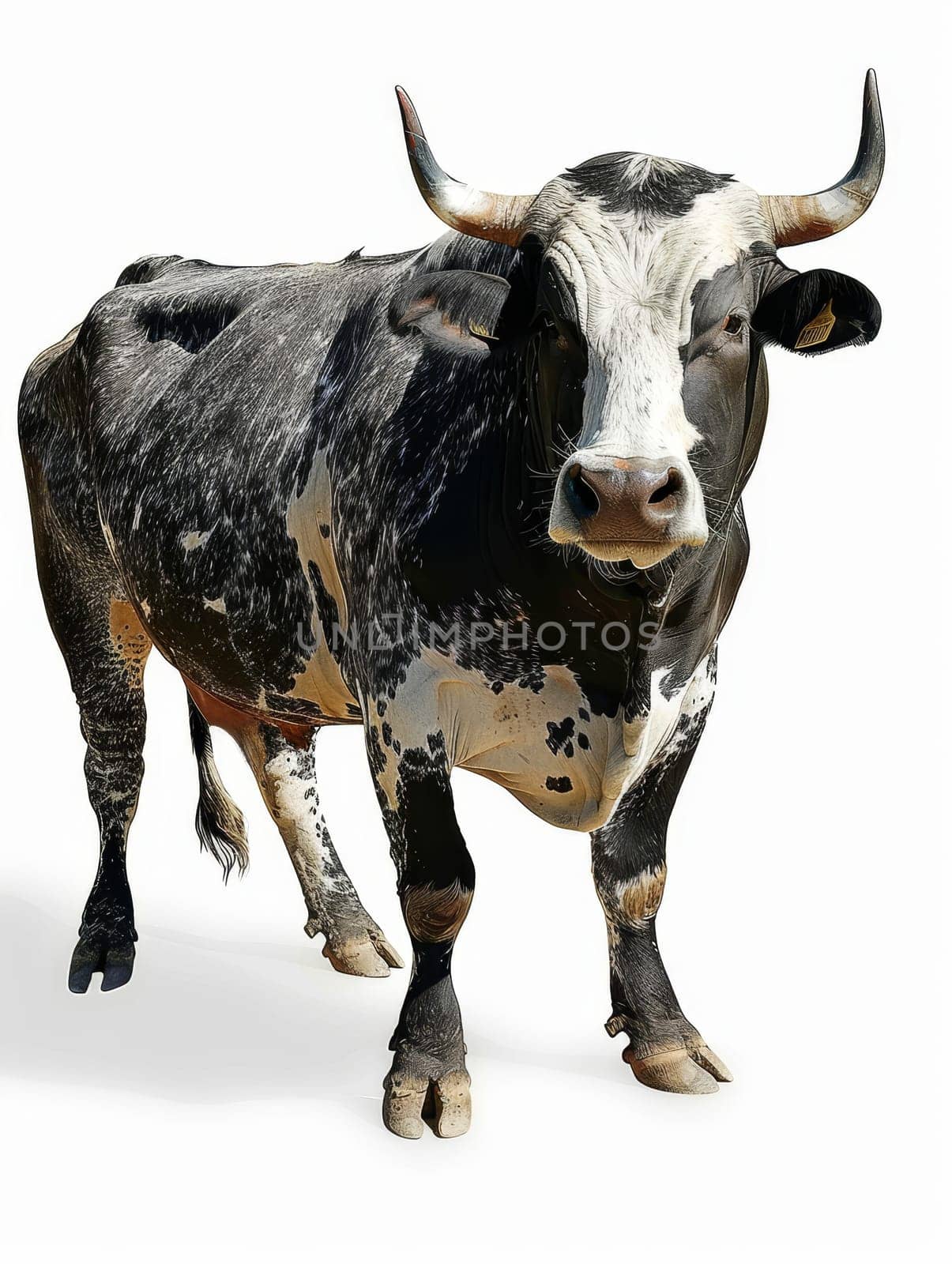 A serene Black Angus cow is depicted against a stark white background, highlighting the animal's calm demeanor and sleek black coat. Its gentle gaze and relaxed posture convey a sense of tranquility. by sfinks