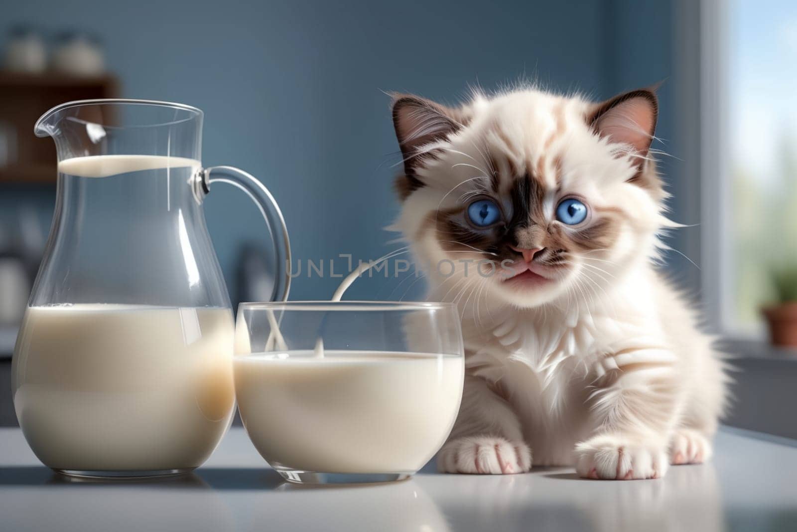 cute Ragdoll kitten and fresh milk in a glass, isolated on a blue background .