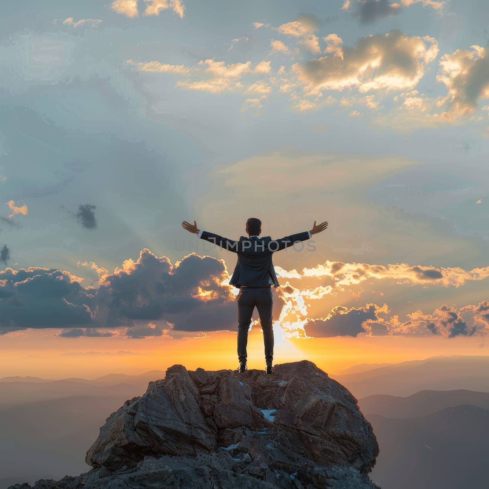 A businessman stands with arms raised on a mountain peak, overlooking a breathtaking view of cloud-wrapped mountains.