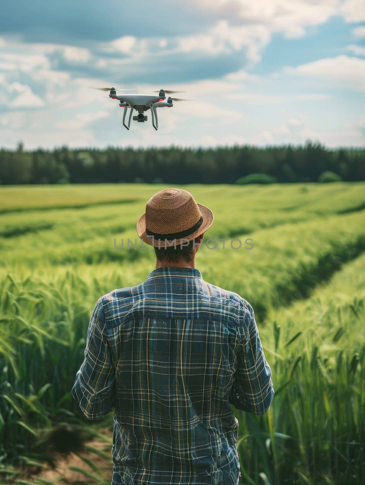 A farmer stands in a vast wheat field, remotely piloting a drone under a wide azure sky. This image depicts modern agriculture where tradition meets advanced technology