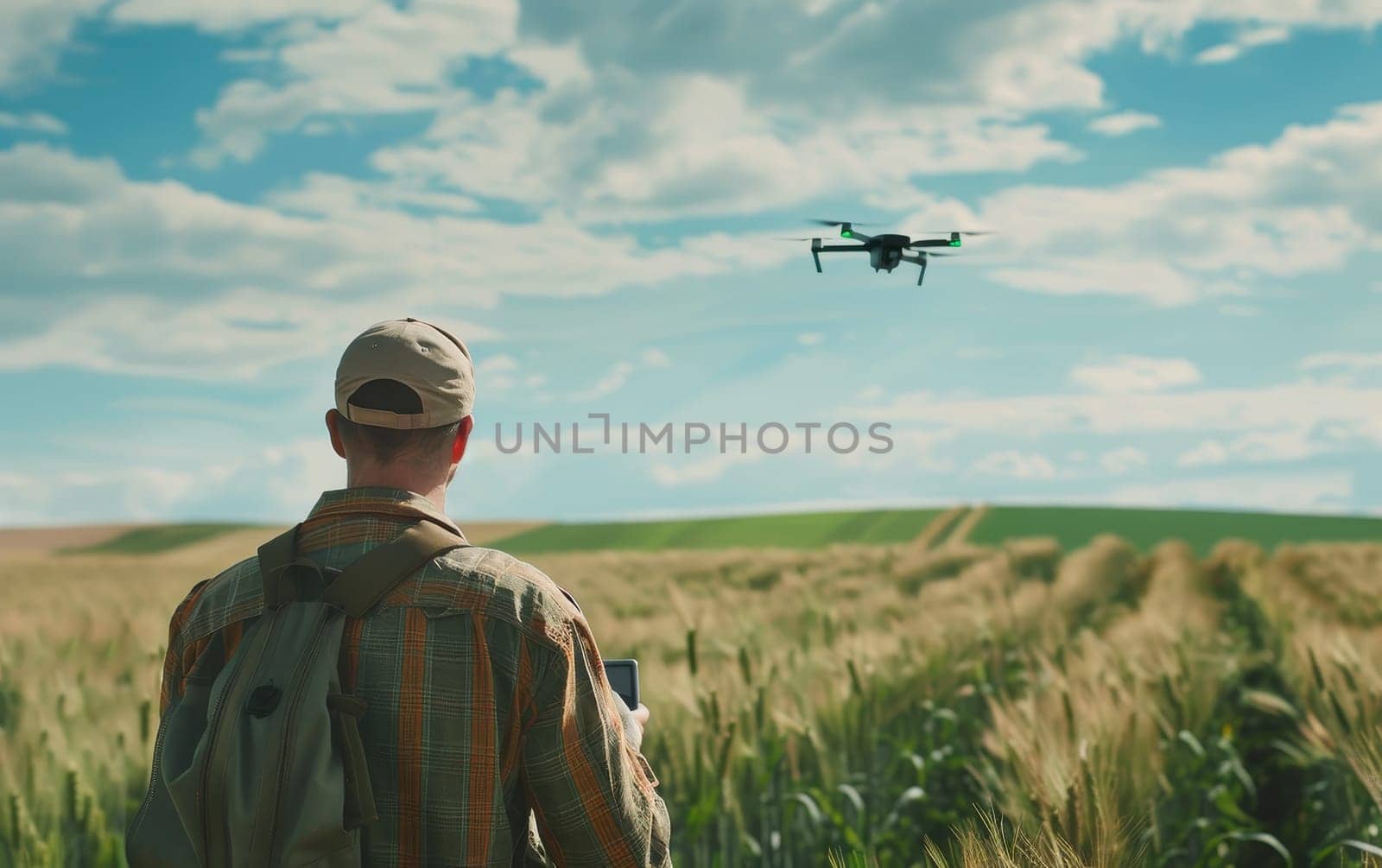 A serene scene unfolds as a man pilots a drone over lush green fields, a testament to the peaceful coexistence of technology and nature.