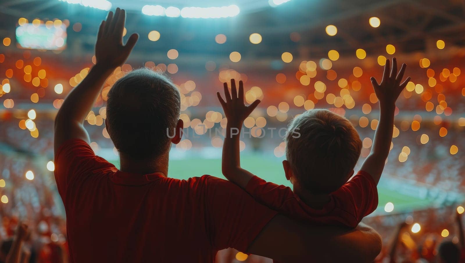 Back view of father and son cheering at football stadium during the match