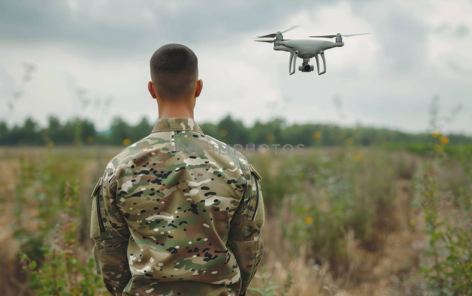 A military personnel stands focused as he controls a drone over a wildflower-dotted field, signaling a blend of natural beauty and technological advancement. Drone operator at war