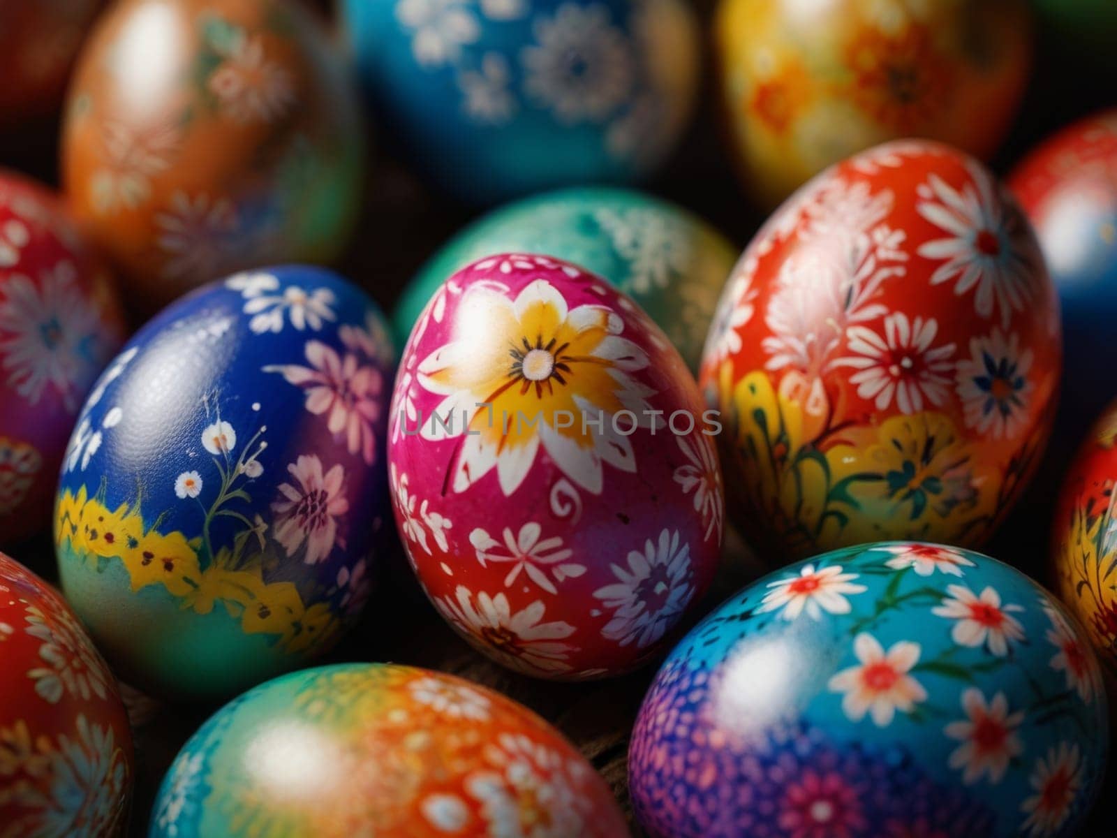 Painted Easter eggs with stunning floral details. Close-up. Generative AI