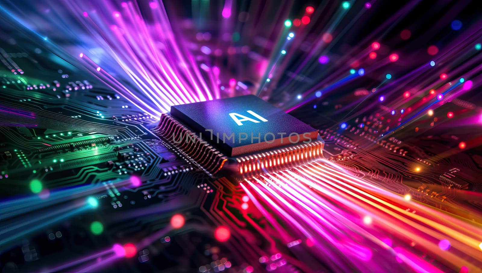 AI artificial intelligence processor on vibrant microcircuit