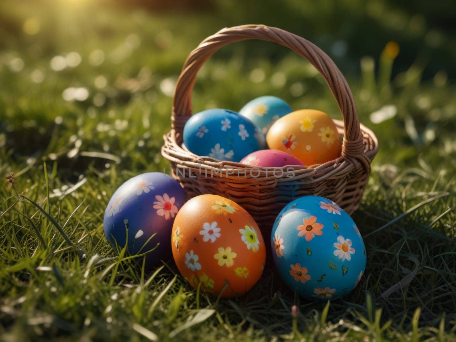 Painted Easter eggs in a basket standing in the grass, in the rays of sunlight. Generative AI