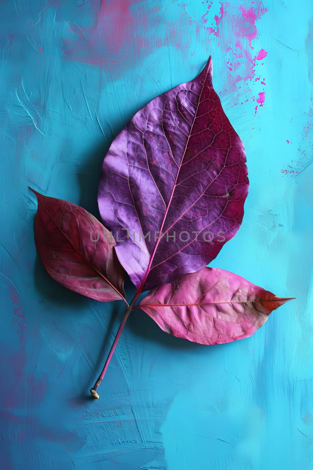 Purple leaf on a blue background. Selective focus. by mila1784