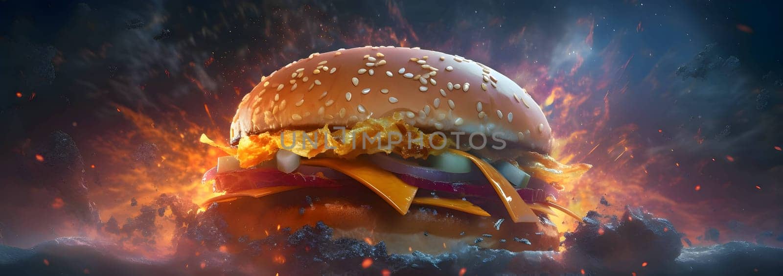 Tasty hamburger exposed on a fiery backdrop. by ThemesS