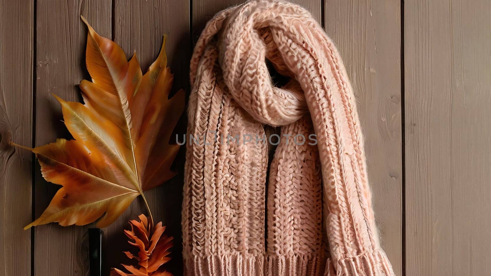 Cozy autumn vibes: knitted scarf, wool hat, and fall leaves on wooden background.