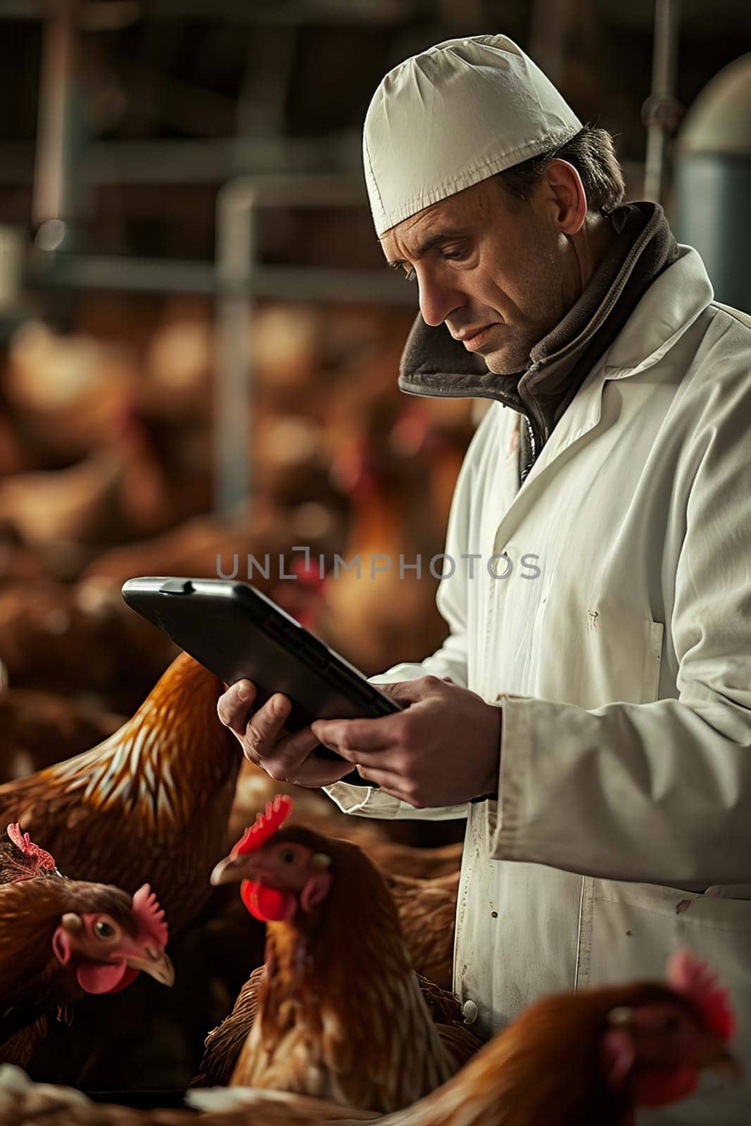 Veterinarian at a chicken farm. Selective focus. by mila1784
