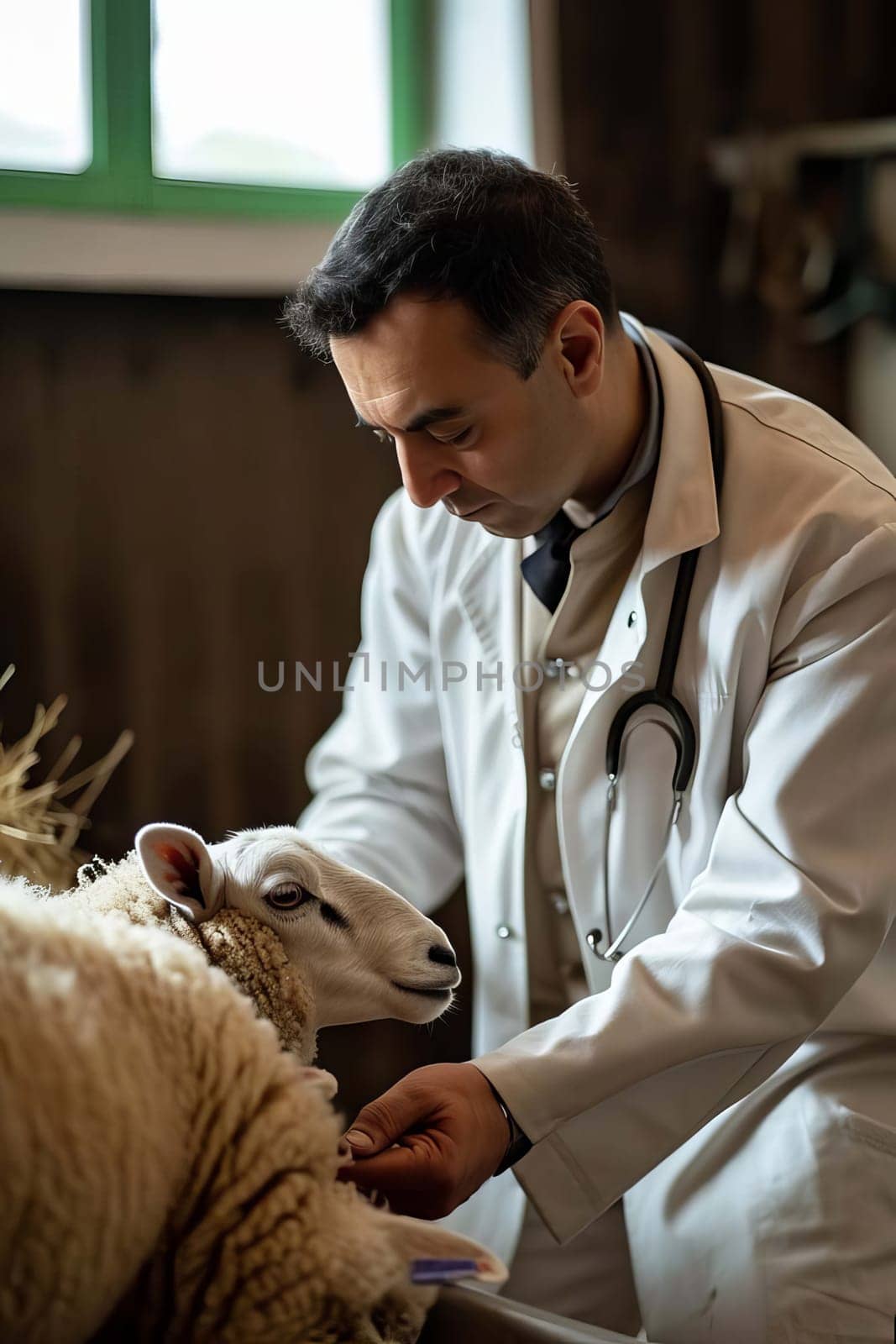 Veterinarian on a sheep farm. Selective focus. Nature.