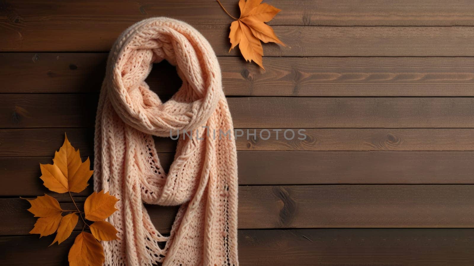 Cozy autumn vibes: knitted scarf, wool hat, and fall leaves on wooden background by Annu1tochka