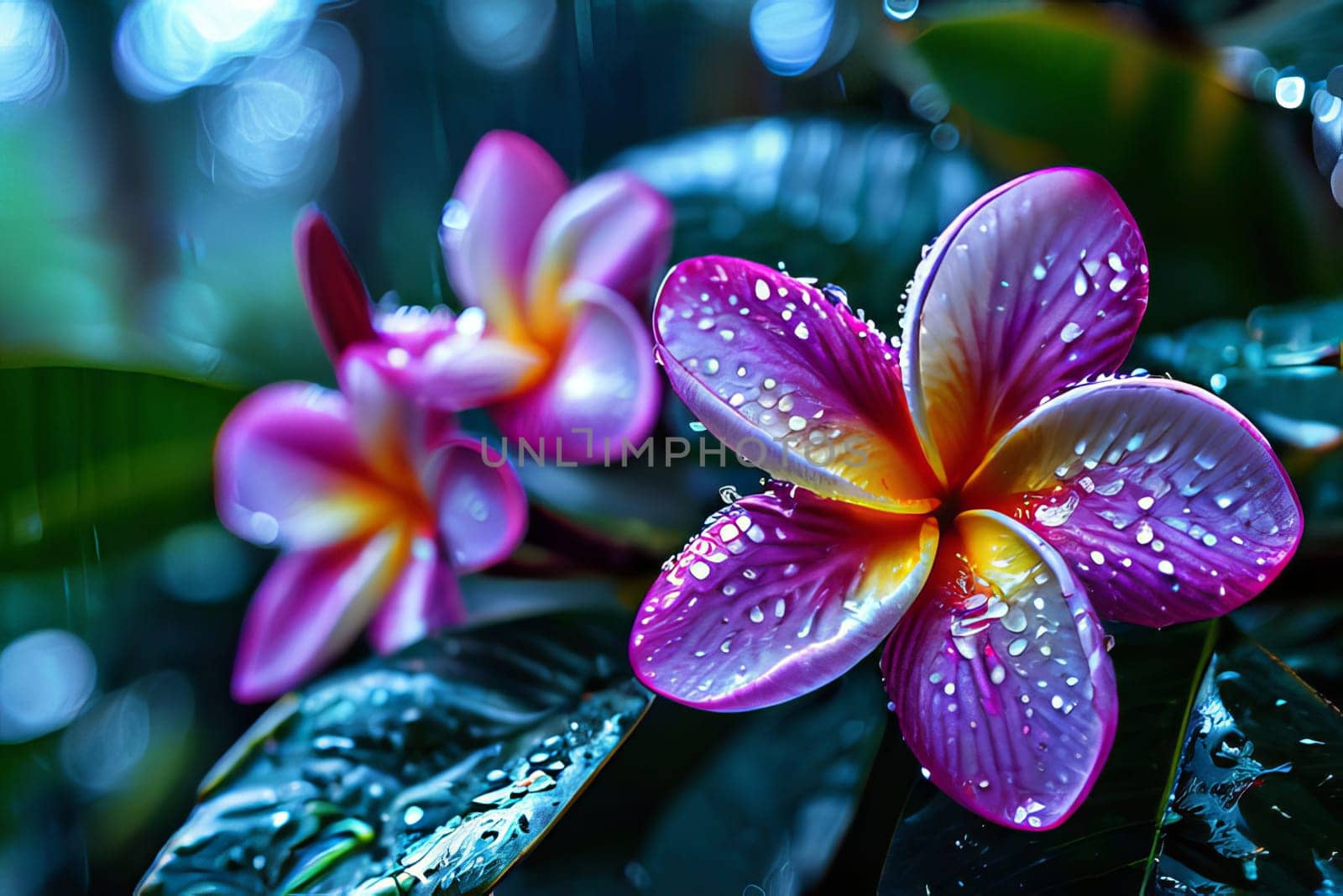 A vibrant pink plumeria flower with dew drops on delicate petals against a dark blue backdrop. The colors pop, creating a captivating contrast with a touch of natural beauty.